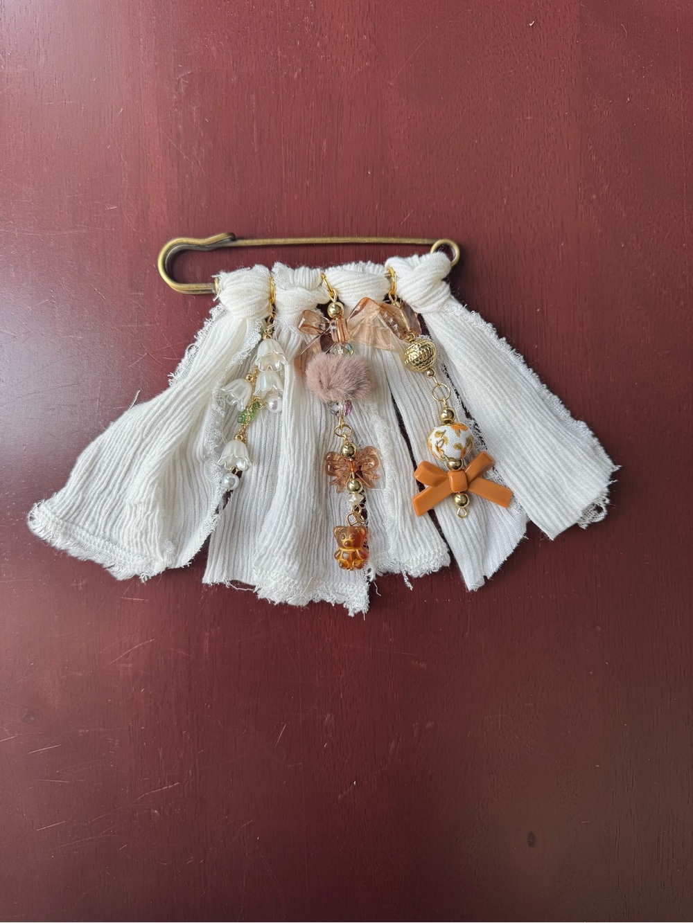 Coquette Antique Style Pin Beaded Brooch Bag Charm with Teddy Bear & Bow Charms